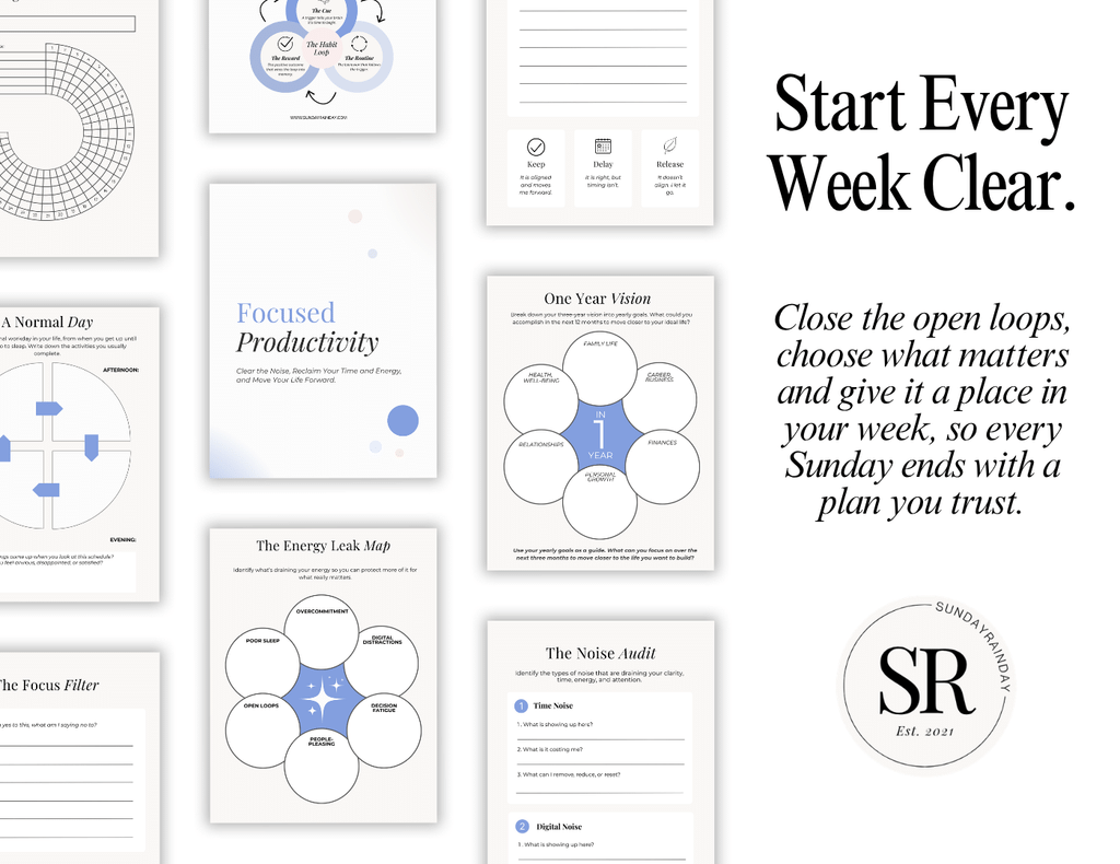 Focused Productivity Framework workbook pages for a Sunday routine, with the headline “Start Every Week Clear” and the Energy Leak Map, Noise Audit, Focus Filter and One Year Vision worksheets.