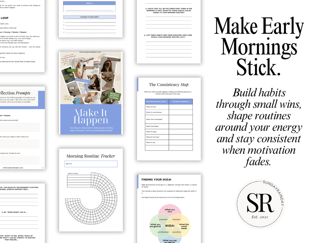 Make It Happen workbook pages for building early morning habits, with the headline “Make Early Mornings Stick” and the Morning Routine Tracker, Consistency Map, Finding Your Ikigai and Reflection Prompts pages.