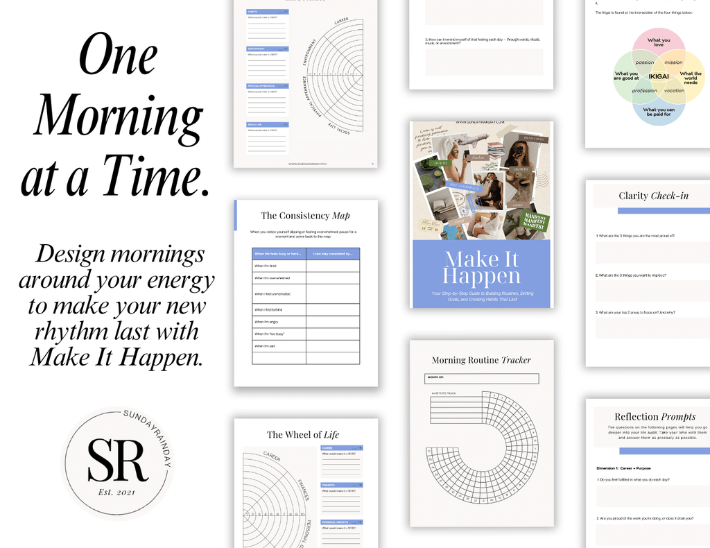 Make It Happen workbook for becoming a morning person, with the headline “One Morning at a Time” and the Morning Routine Tracker, Consistency Map, Wheel of Life and Clarity Check-in pages.