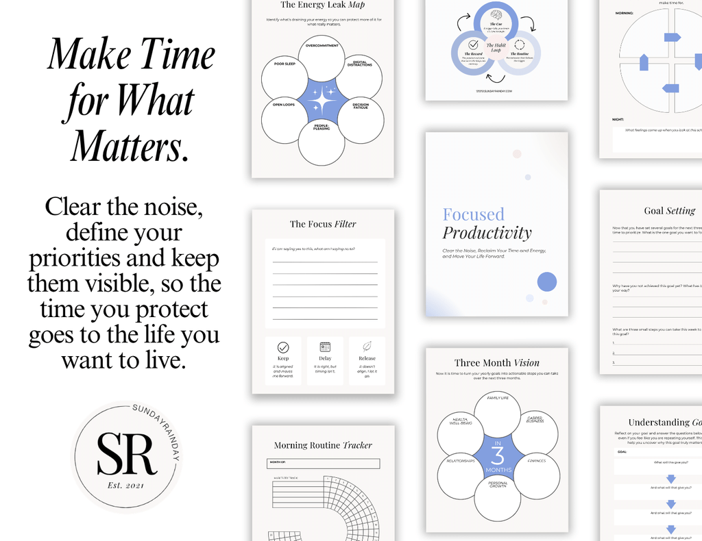 Focused Productivity Framework workbook pages, including the Focus Filter, the Energy Leak Map, a three-month vision planner and goal-setting worksheets, with the headline “Make time for what matters” and the text “Clear the noise, define your priorities and keep them visible, so the time you protect goes to the life you want to live”.
