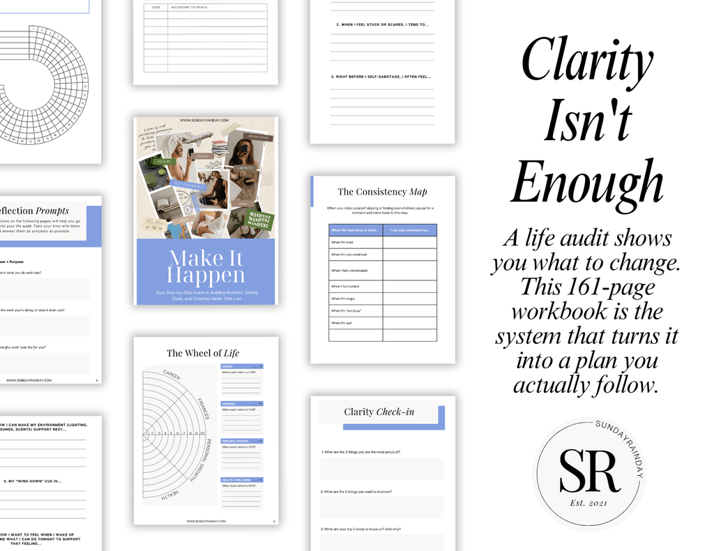 Make It Happen workbook pages including a Wheel of Life life audit template, beside the heading "Clarity Isn't Enough"