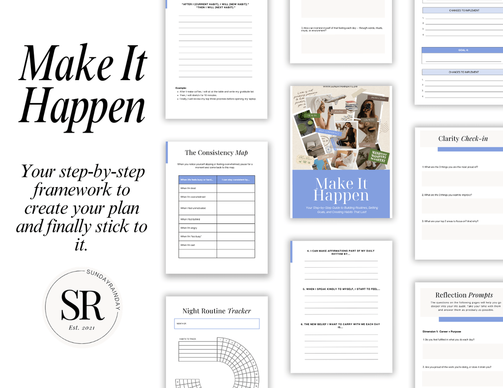 Make It Happen workbook pages with a Wheel of Life and clarity check-in, beside the heading "Stop Starting Over"