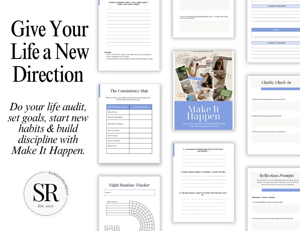 Make It Happen workbook pages with reflection prompts and habit trackers, beside the heading "Give Your Life a New Direction"