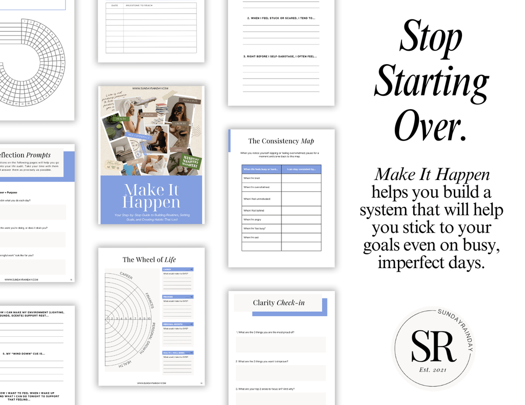 Make It Happen workbook pages including a consistency map and night routine tracker, beside the heading "Make It Happen"