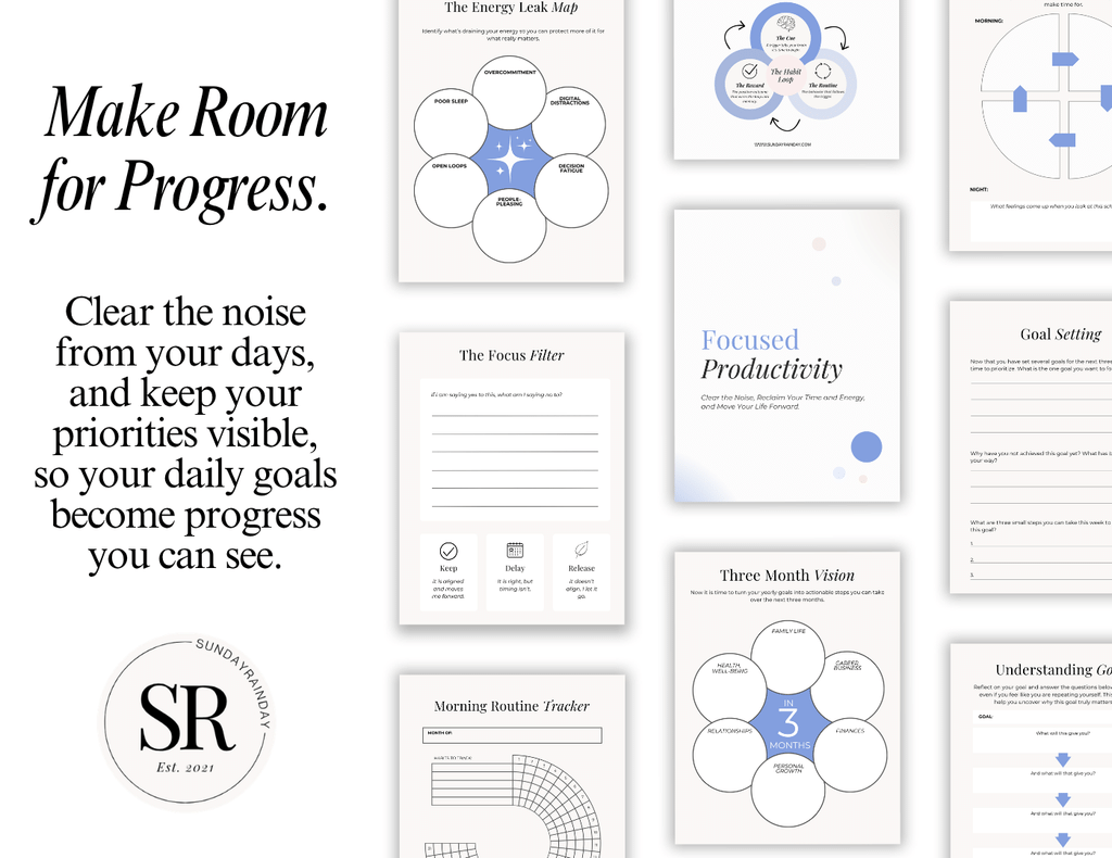 Focused Productivity Framework workbook pages, including the Focus Filter, the Energy Leak Map, a three-month vision planner and goal-setting worksheets, with the headline “Make room for progress” and the text “Clear the noise from your days, and keep your priorities visible, so your daily goals become progress you can see”.