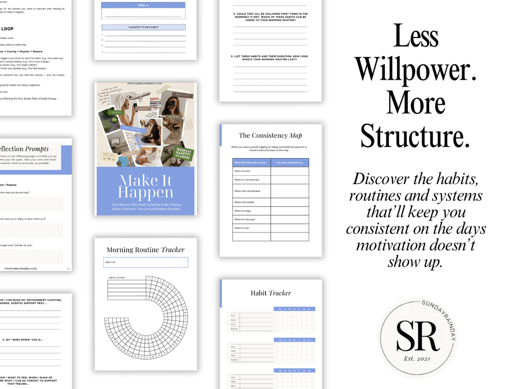 Make It Happen workbook cover with habit tracker, morning routine tracker and Consistency Map pages, and the headline “Less willpower. More structure.” for building habits and routines that keep you consistent when motivation fades.