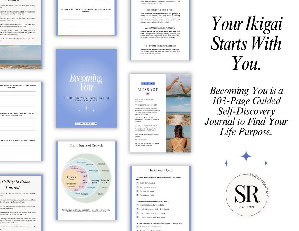 Your ikigai starts with you: Becoming You, a 103-page guided self-discovery journal by SUNDAYRAINDAY to find your life purpose, with preview pages of the Growth Quiz, the 4 stages of growth and reflection prompts