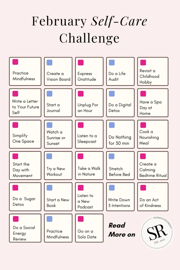 February self-care challenge bingo card 