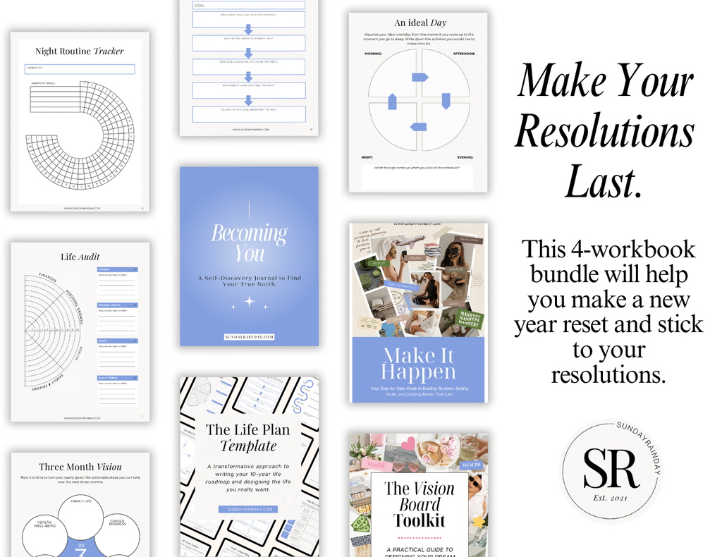Preview pages from the New Year Planning Bundle, including a night routine tracker, life audit wheel, goal worksheet, ideal day planner and three-month vision page, with the covers of Becoming You, The Life Plan Template, Make It Happen and The Vision Board Toolkit, and the text “Make your resolutions last”.
