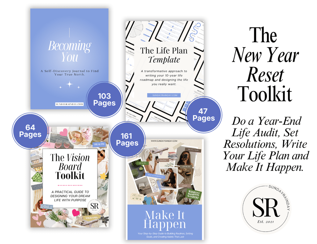 Covers of the four workbooks in the SUNDAYRAINDAY New Year Planning Bundle: Becoming You (103 pages), The Life Plan Template (47 pages), The Vision Board Toolkit (64 pages) and Make It Happen (161 pages), for doing a year-end life audit, setting resolutions and writing a life plan.