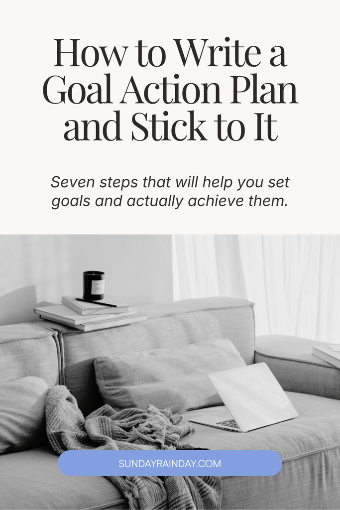 Laptop and notebooks on a sofa with a blanket, with the title How to Write a Goal Action Plan and Stick to It
