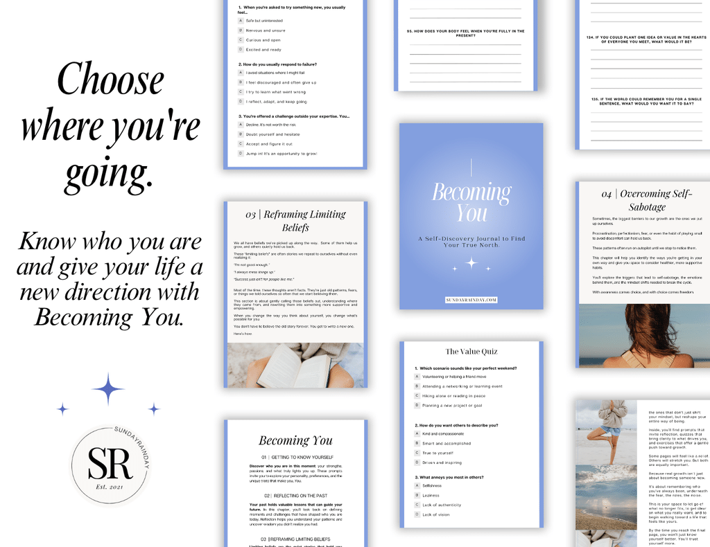 Pages of the Becoming You self-discovery journal, including the Value Quiz and the chapters on reframing limiting beliefs and overcoming self-sabotage, spread around its blue cover, titled Choose where you’re going. Know who you are and give your life a new direction with Becoming You.
