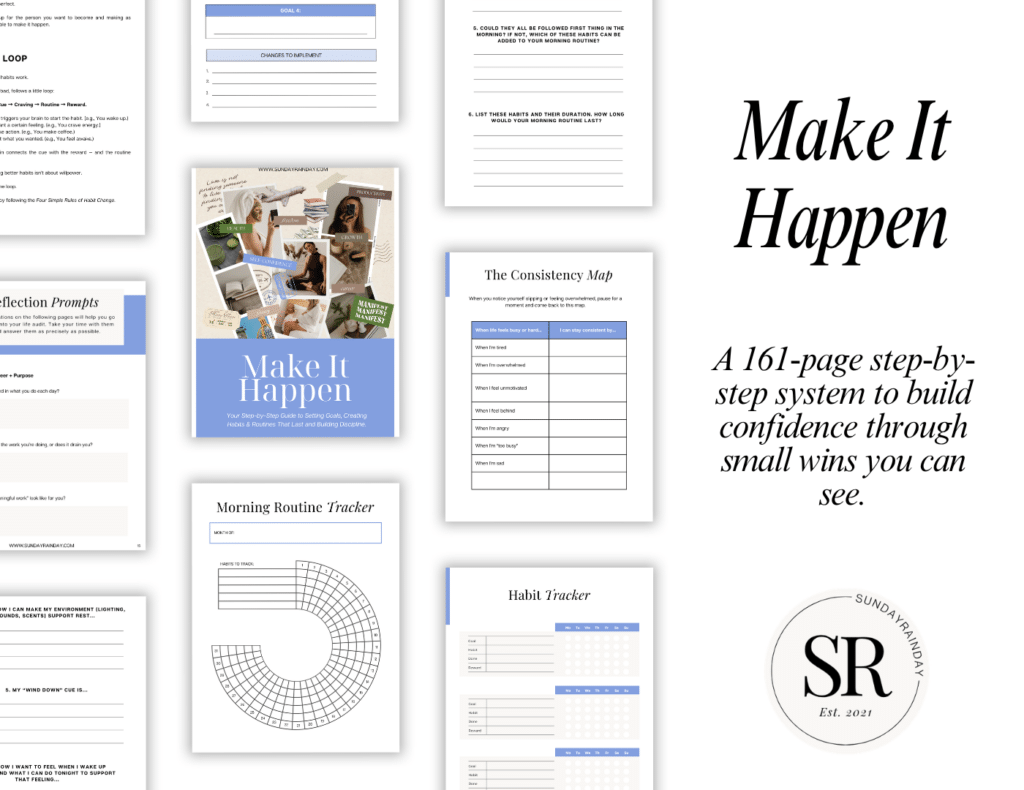 Preview pages from the Make It Happen workbook, including the Consistency Map, a morning routine tracker, a habit tracker and reflection prompts, with the text “A 161-page step-by-step system to build confidence through small wins you can see”.