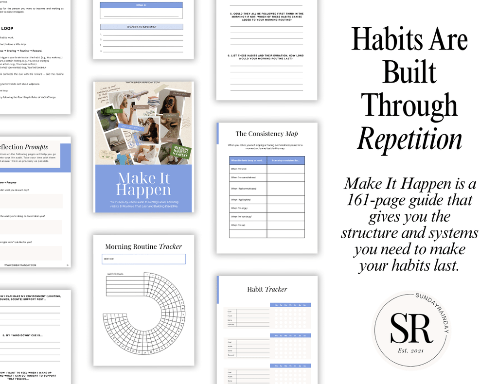 Habits are built through repetition: Make It Happen, a 161-page guide by SUNDAYRAINDAY, shown with its cover and preview pages including a habit tracker, morning routine tracker and the Consistency Map