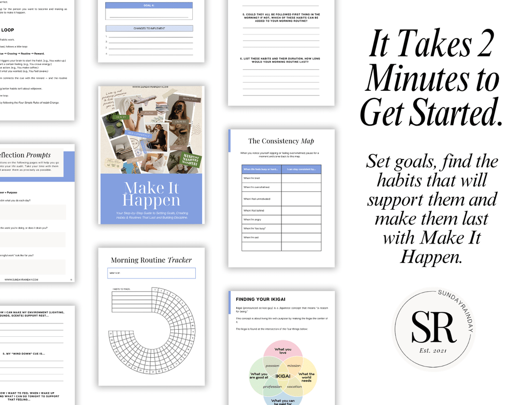 It takes 2 minutes to get started: Make It Happen ebook cover with preview pages for setting goals, a morning routine tracker, the Consistency Map and an Ikigai worksheet to build habits that last
