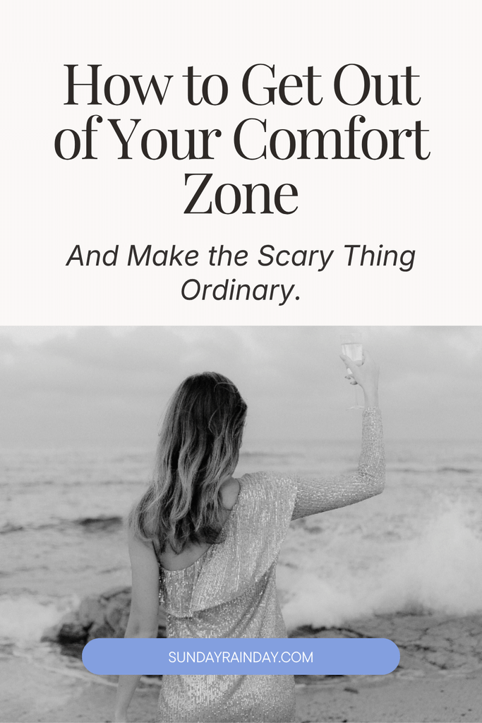 Woman in a sequin dress facing the sea and raising a glass, with the title How to Get Out of Your Comfort Zone