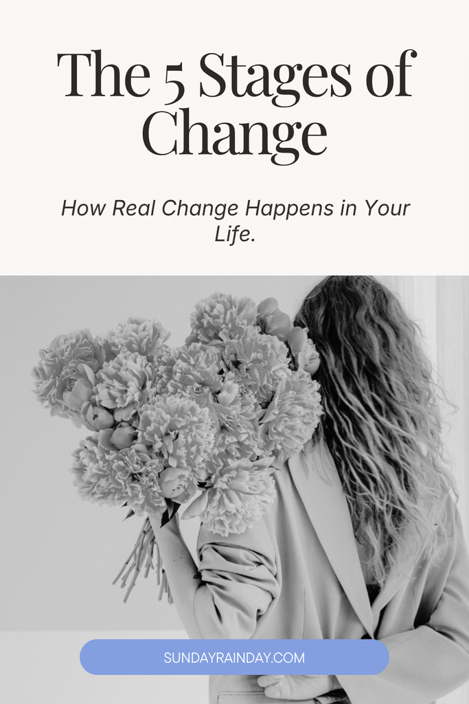 Black-and-white photo of a woman with long wavy hair, seen from behind and wearing an oversized blazer, holding a large bouquet of peonies over her shoulder, under the title “The 5 Stages of Change: How Real Change Happens in Your Life”.