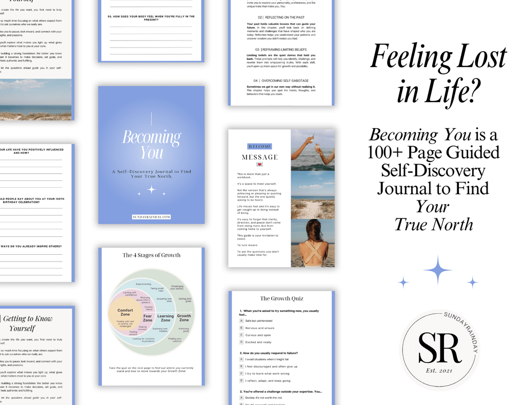 Blue and white Becoming You self-discovery journal pages fanned out beside the heading "Feeling Lost in Life?"