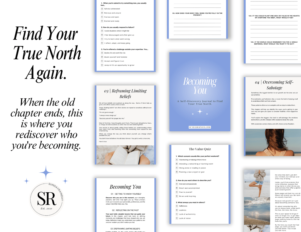 Inside pages of the Becoming You self-discovery journal, including the Reframing Limiting Beliefs and Overcoming Self-Sabotage chapters, around the cover