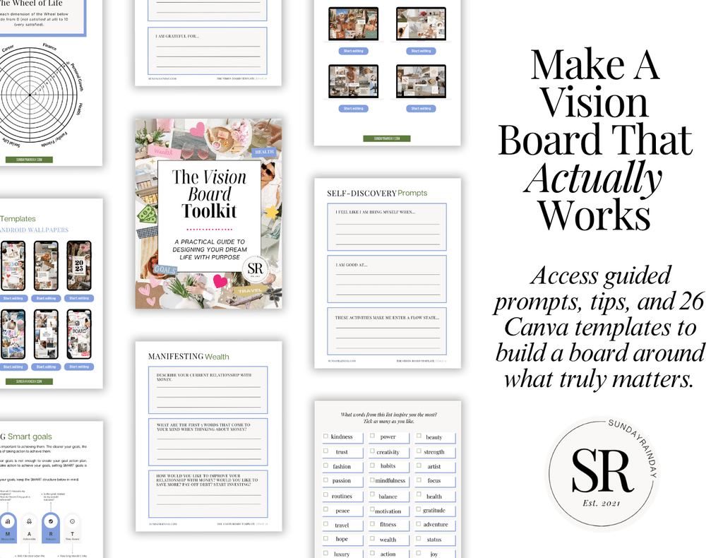 Make a vision board that actually works with The Vision Board Toolkit: preview of a vision board words checklist, self-discovery prompts, a Wheel of Life and 26 Canva vision board templates
