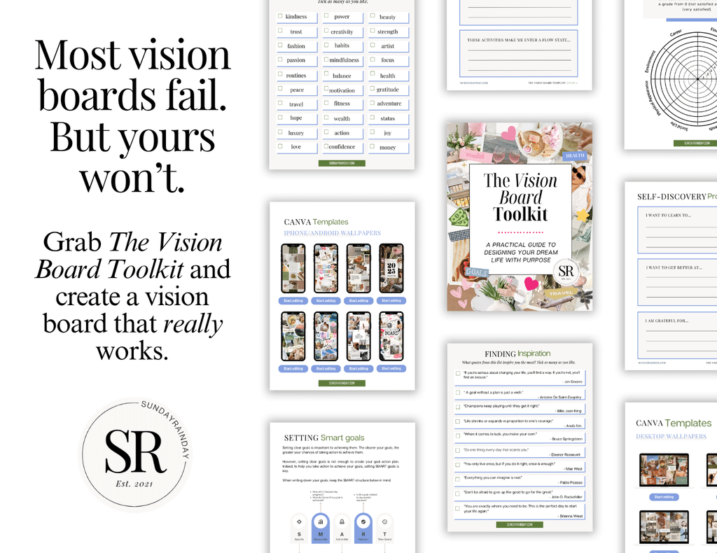 The Vision Board Toolkit by SUNDAYRAINDAY: ebook cover with preview pages including vision board quotes to choose from, a word checklist, Canva phone wallpaper templates and SMART goal pages